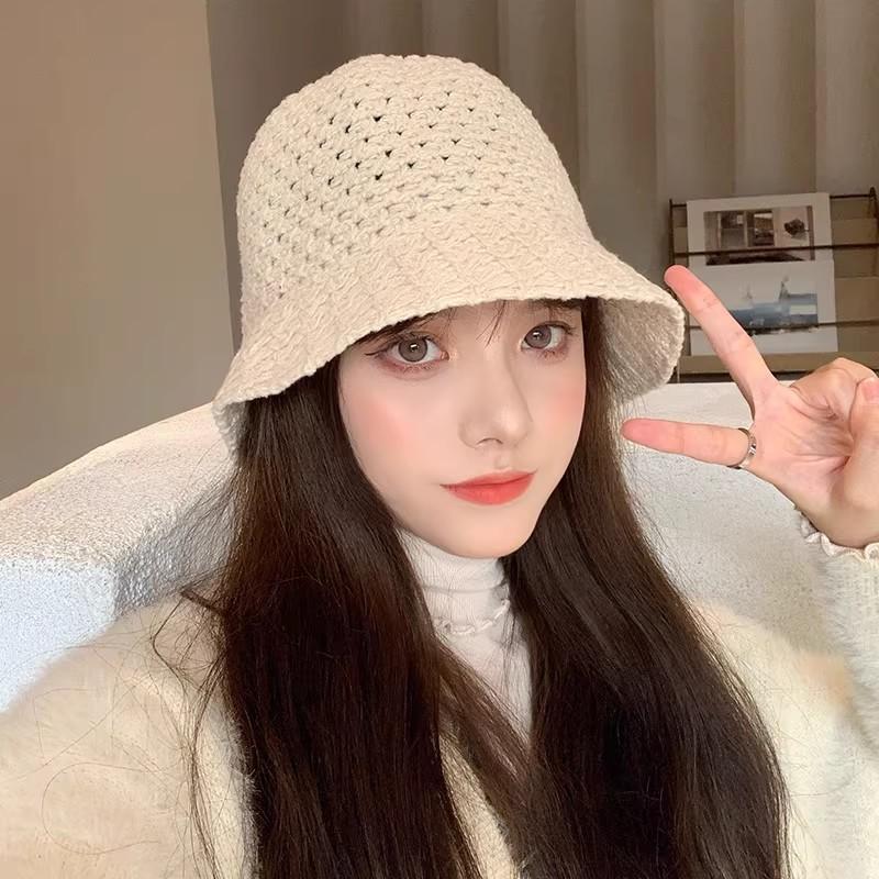 Women's Hollow Knit Bucket Hat Summer Breathable Fisherman Cap UV Protection Beach Outdoor Headwear Sunshade Mesh Basin Cap