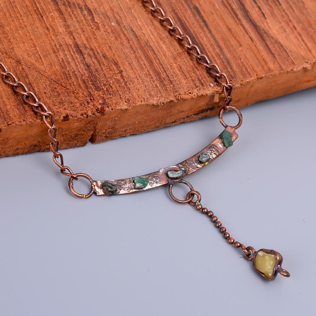 Ethiopian Opal Stone Copper Electroformed Sisters Day Chain Handmade Necklace V-78