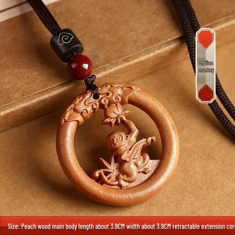 Peach Wood Zodiac Keychains: Year of the Dragon Pendant with Rat, Ox, Tiger Carvings - Carry-on Ornament Gift