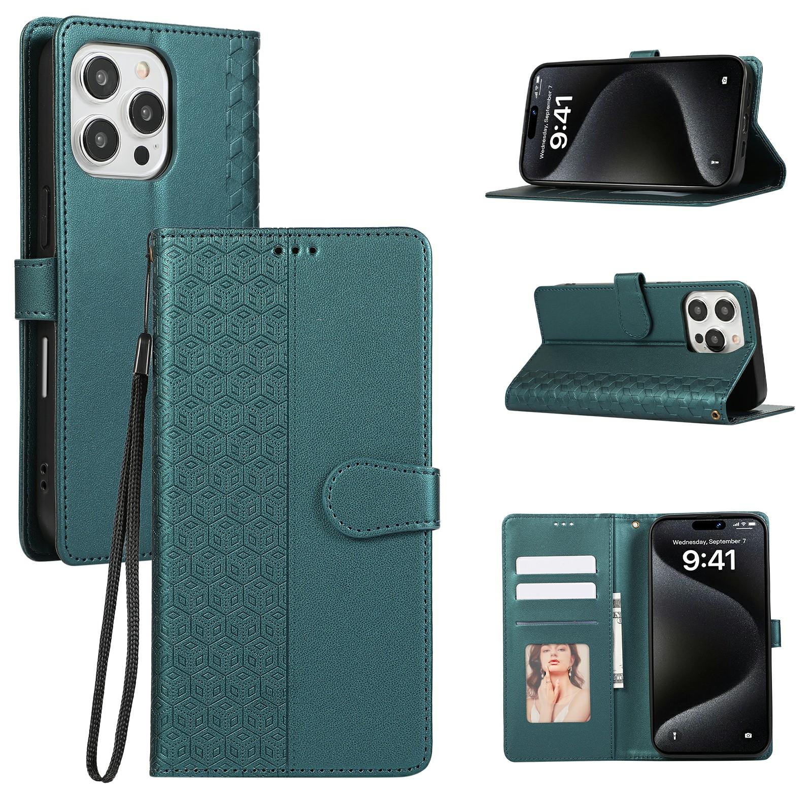 

For iPhone 16 Pro Case 3D Rhombus Grid Imprinted Wallet Leather Phone Cover with Lanyard Green