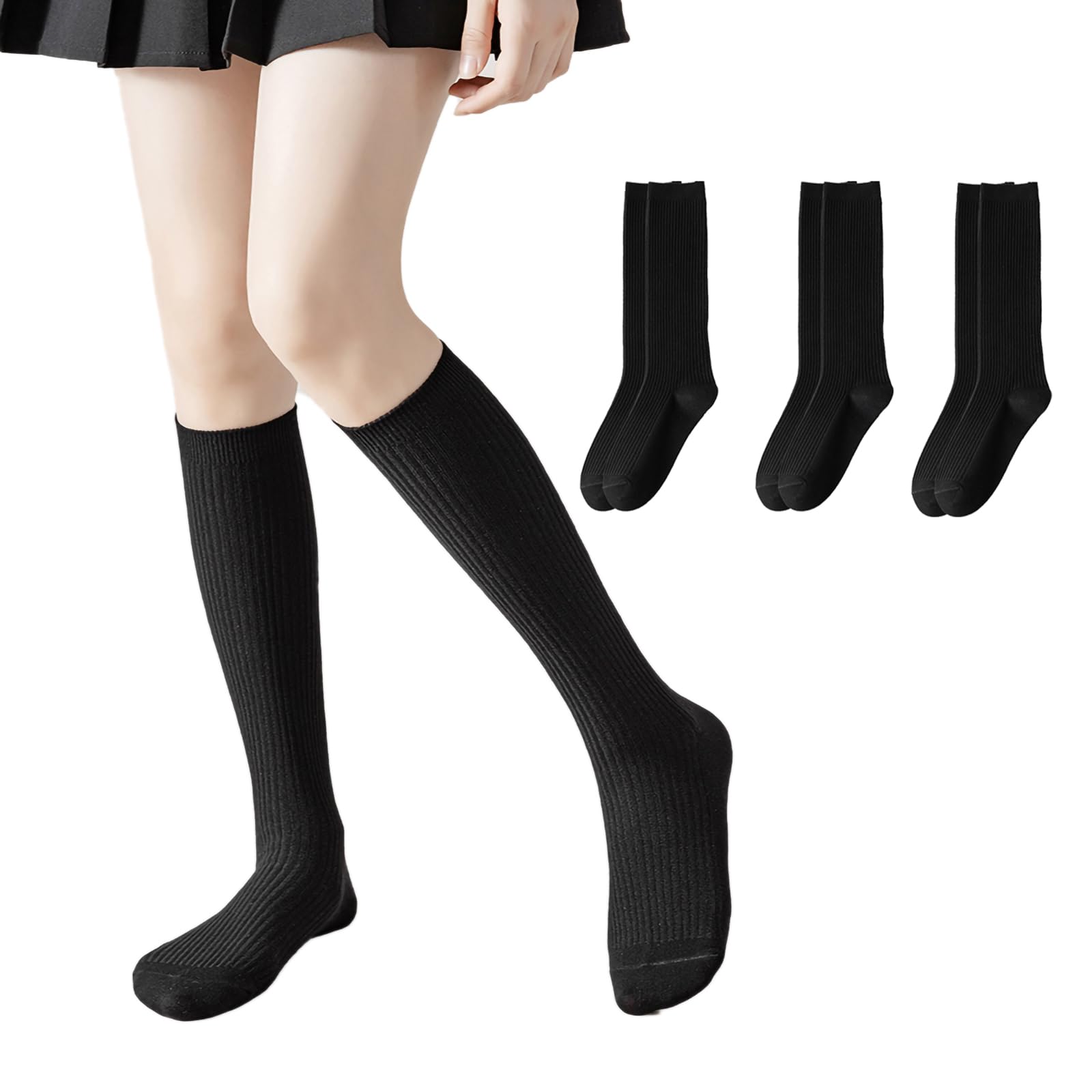 

LOVHU JIMA Black for Student for 3 Pairs High-Socks, Ribbed, Deodorizing, Women, Socks, Long, Girls,