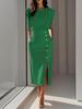 European Apricot Waist-Cinched Summer Dress, Women's Round Neck with Button Slit, 2026 Collection