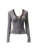 Chic Autumn/Winter Gray Lace V-Neck Tie-Up Slimming Velvet T-Shirt for Women