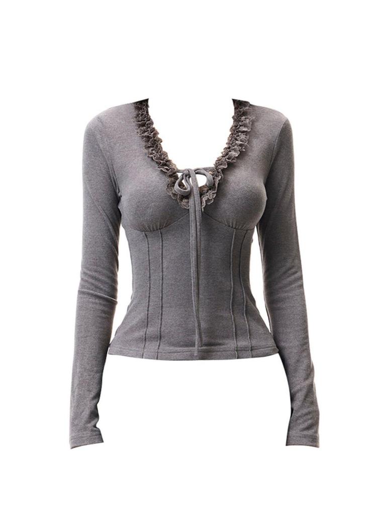 Chic Autumn/Winter Gray Lace V-Neck Tie-Up Slimming Velvet T-Shirt for Women