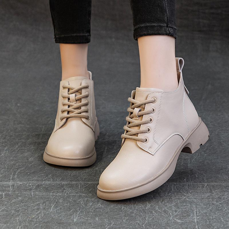 Cowhide Short Boots Genuine Leather Single Boots Flat Bottomed Martin Boots Versatile Comfortable Soft Soled Casual Women's Shoes Short Boots