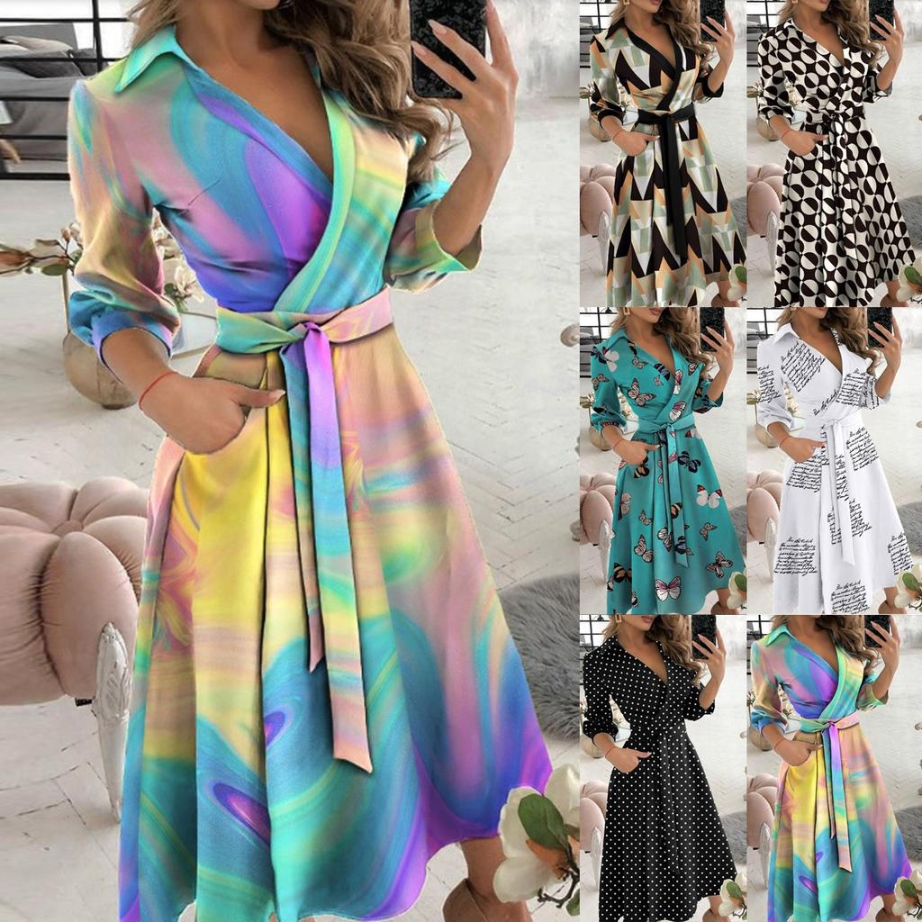 Fashion Women's Casual Lapel Printed Seven-Part Sleeve Dress Long Dress