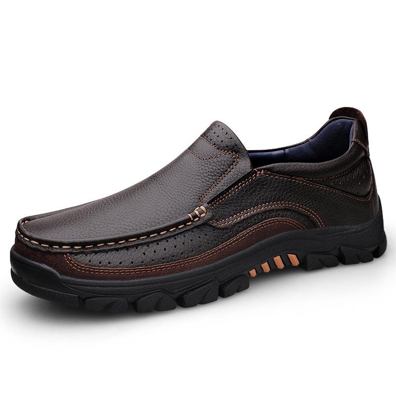 Men's Large Slip-On Leather Shoes: Breathable, Soft Sole, Anti-Slip Casual Comfort for Middle-Aged Dads
