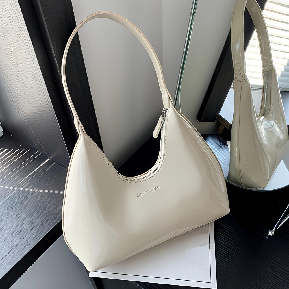 Solid Color Glossy Shoulder Bag Trendy PU Leather Hobo Bag Women'S Fashion Handbag & Tote Purse