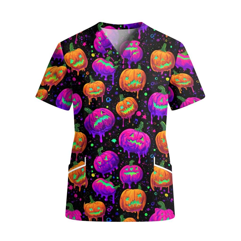 Women's V Neck Short Sleeve Work Top with Pockets Halloween Print Medical Scrub Shirt for Healthcare Professionals Comfortable Fit