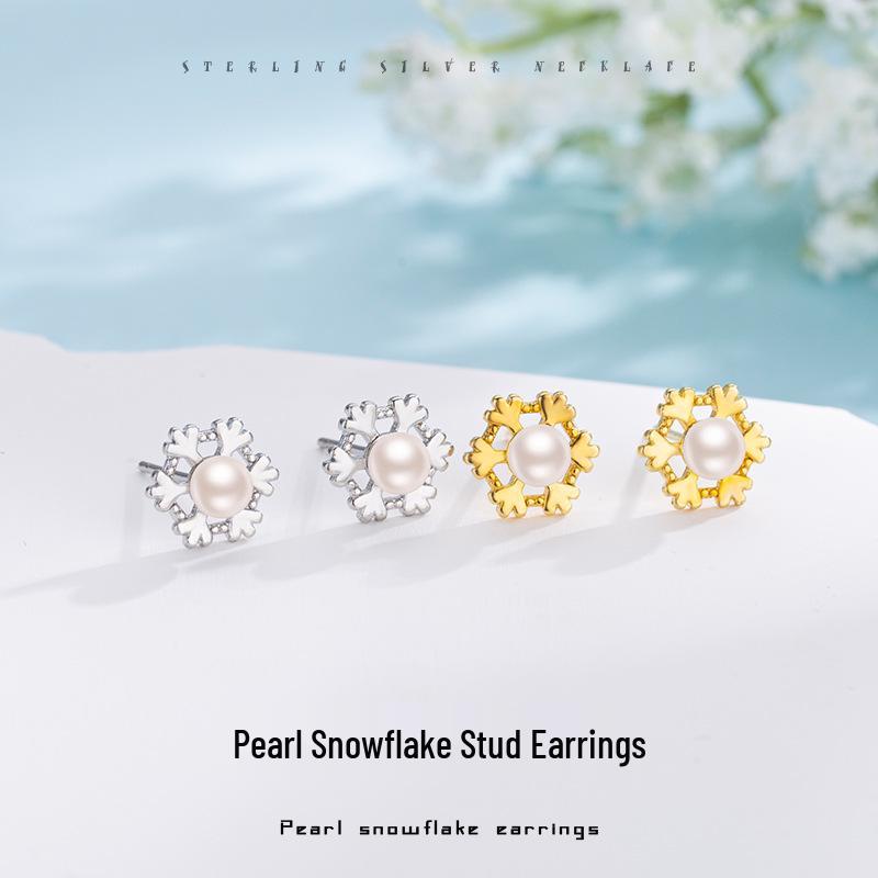

Min Sheng Snowflake Pearl Stud Earrings: Elegant, Trendy, High-End Luxury for Women - Perfect Christmas Gift Gold Snowflake Stud Earrings