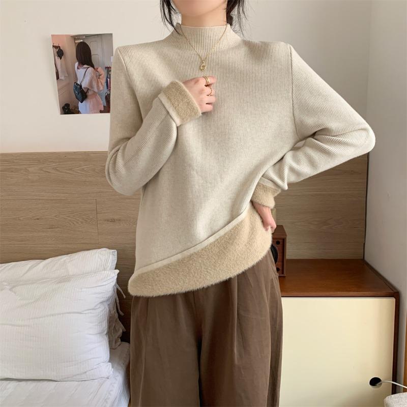 Autumn and Winter Thickened Inner Semi-turtleneck Loose Integrated Fleece Andy Fleece Sweater Women's Soft Waxy Knitted Bottoming Top