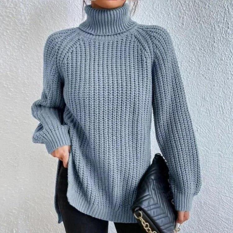 Soft Warm Knitwear Turtleneck Split Sweater Solid Mid Length Pullover Long Sleeve Raglan Casual Fashion Autumn Winter