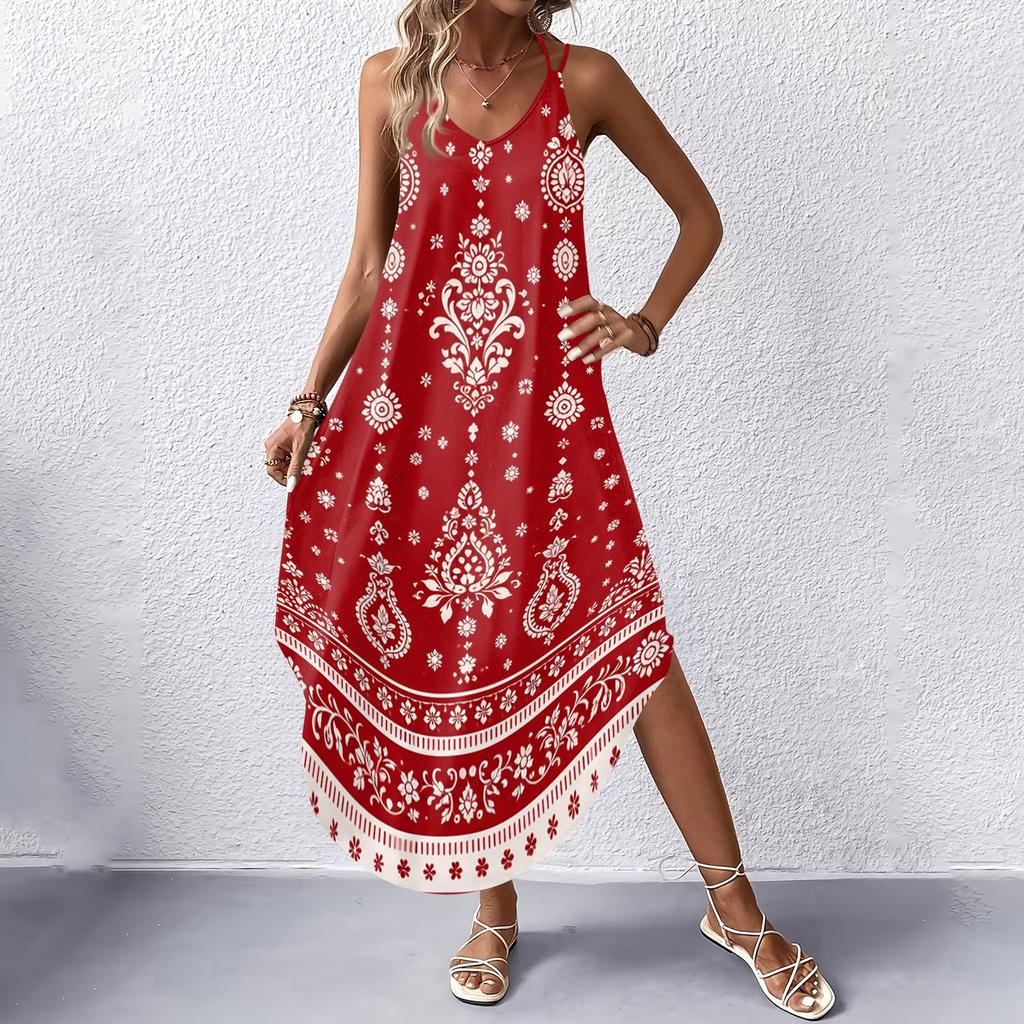 Women V Neck Sleeveless Neck Geometric Floral Print Maxi Dress with Pockets for Casual Beach Holiday Wear