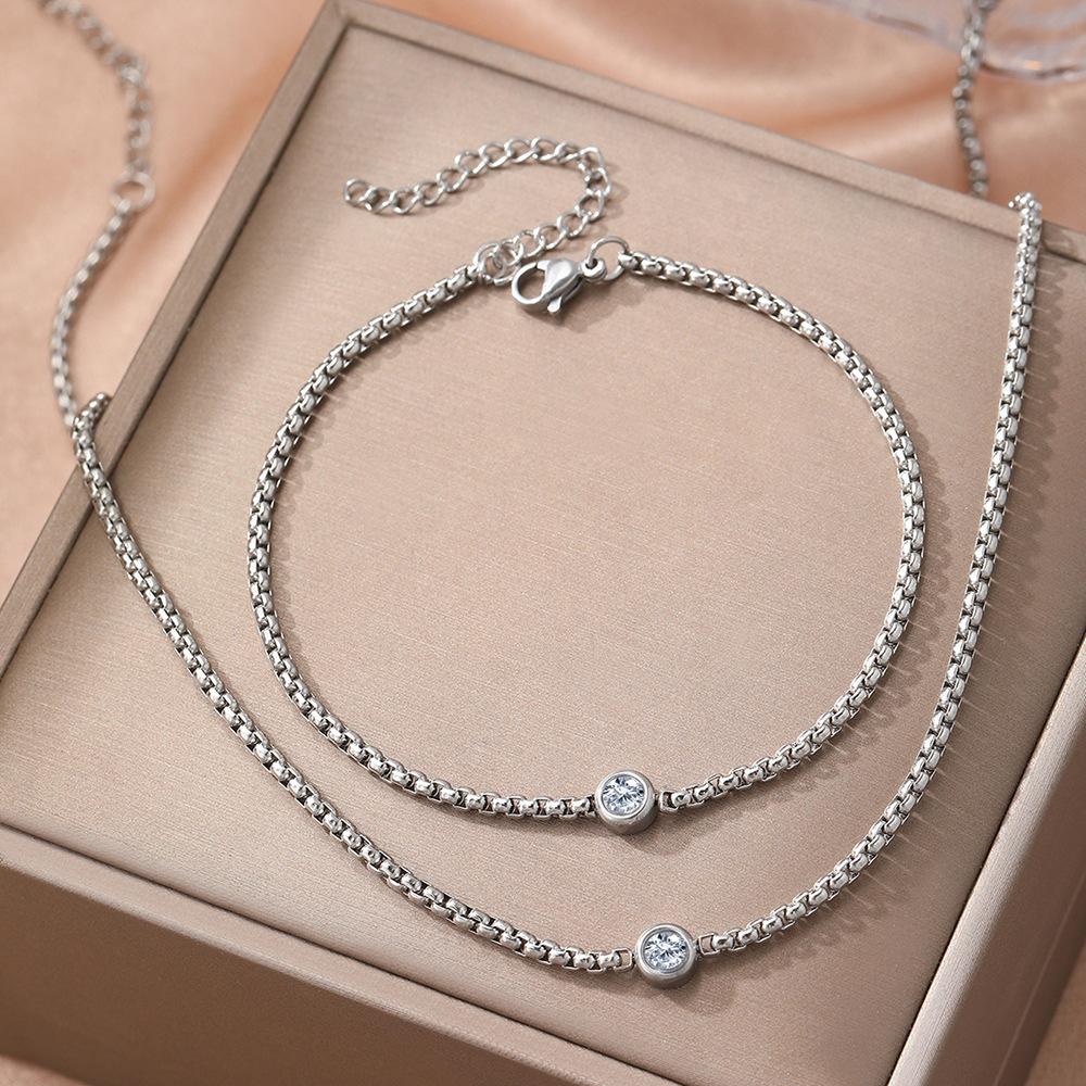 

2pcs Set Minimalist Personality Stainless Steel Round Zircon Pendant Necklace Bracelet Set Women s Trendy Commuting Jewelry Sets