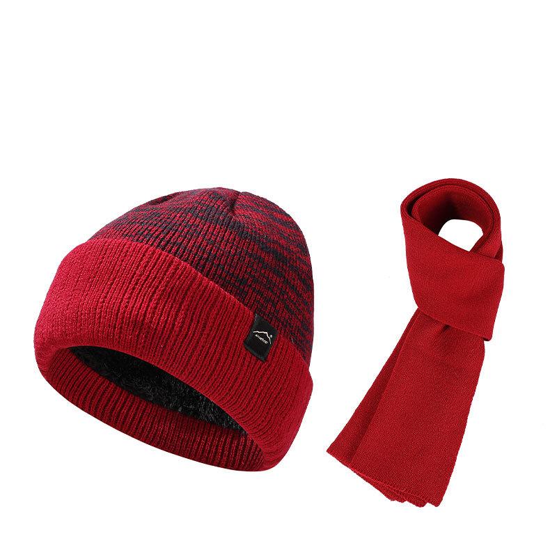 Winter Windproof Warm Knitted Hat Two-Piece Set Velvet Thick Pullover Cap Two-Color Striped Hat Scarf Set