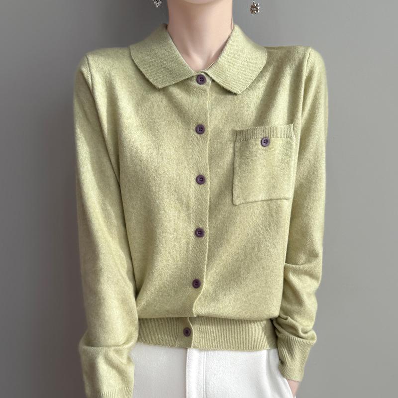Women's Autumn Lapel Pocket Wool Cardigan – Long Sleeve Solid Color Knit Outerwear