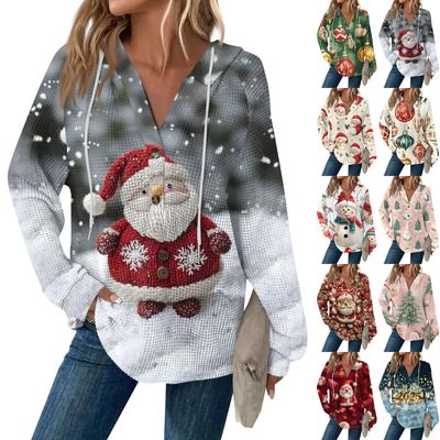 Γυναικείο Καθημερινό Μακρυμάνικο Μπλουζάκι με Κουμπιά, Λαιμόκοψη V, Χριστουγεννιάτικη Εκτύπωση, Κορδόνι Σύσφιξης, Κουκούλα