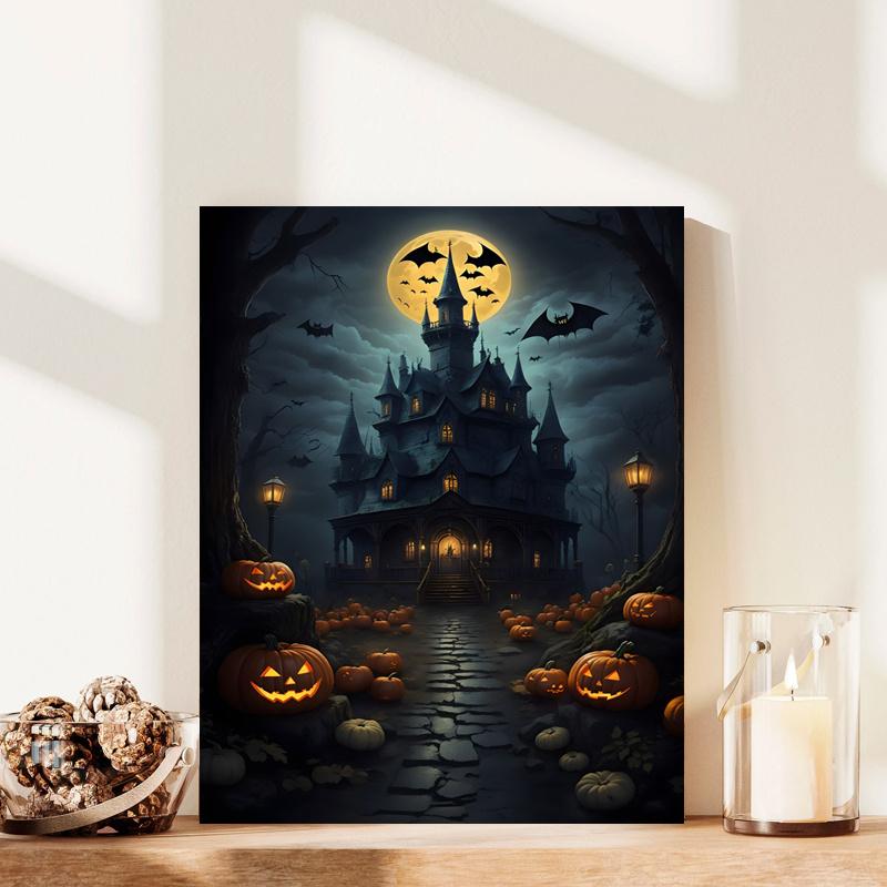 Framed Halloween Ghost Pumpkin Wrap Canvas Printed Poster Including Hanging Hardware Perfect Gift and Home Decor