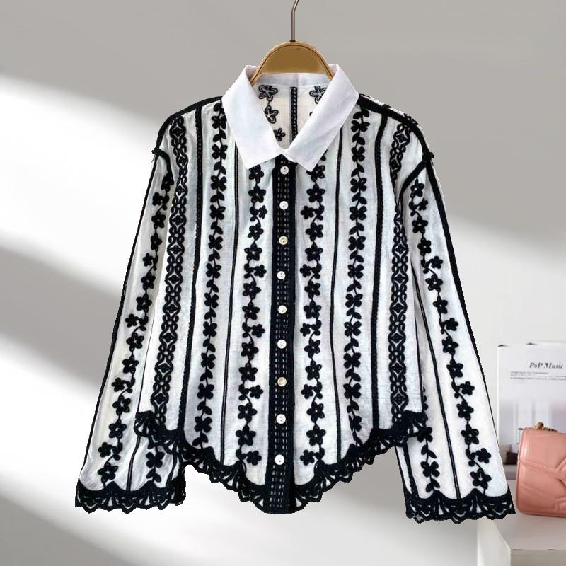 Fashion Elegant Long Sleeved Embroidered Lace Shirt New Lapel Loose and Thin Single-breasted Casual Blouse Female Simple Women's Irregular Top 3504