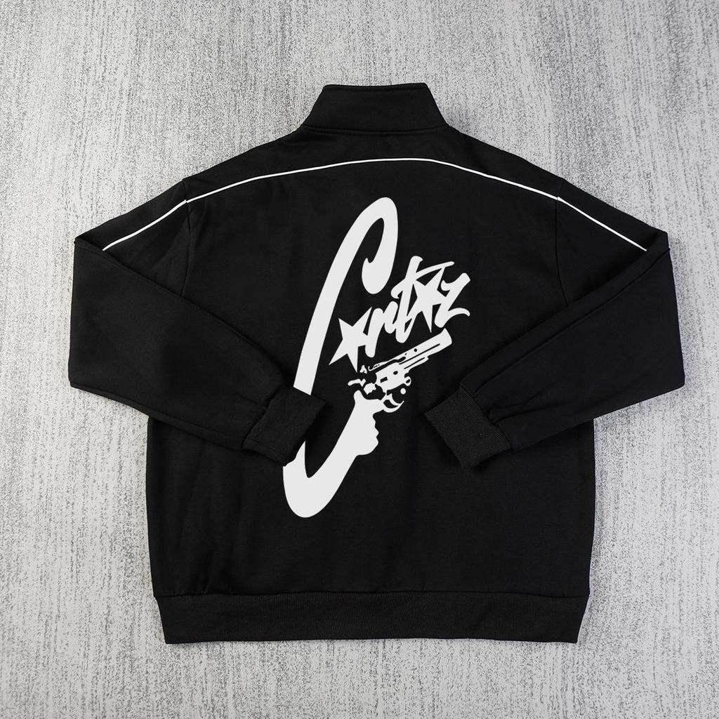 American Retro Reflective Corteiz Alcatraz Jacket with Stand Collar and Zippered Casual High Street Pants