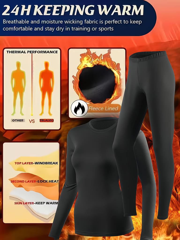 Women's Fleece-Lined Thermal Underwear Set, 2-Piece Base Layer for Cycling, Skiing, Yoga, Outdoor and Casual Wear