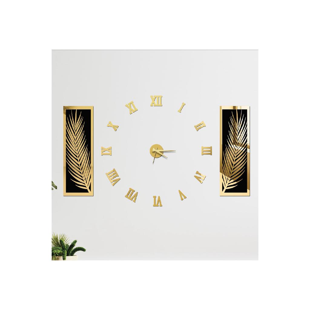 3 Piece Wall Clock Set, Acrylic Plexiglass Mirrored Palm Leaves And Roman R. Clock