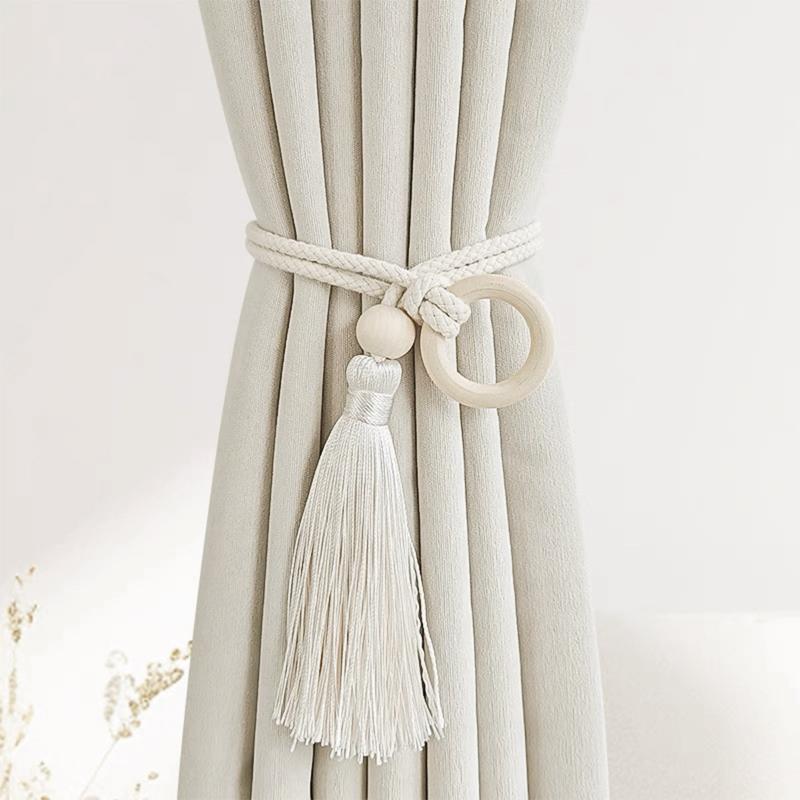 2 Piezas Chic Bohemio Cordón de Algodón Ajustable Cortina Amarre Borla - Tejido a Mano, Correa Hebilla de Cortina con Anilla de Madera