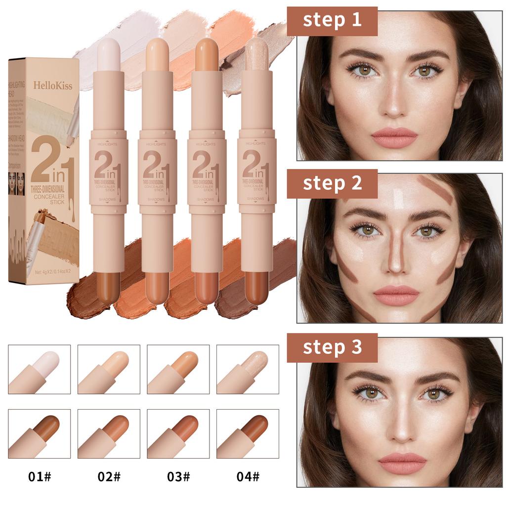 3D Brightening Face Retouching Shadow 2in1 Contouring Pen, Double End Highlight Stick