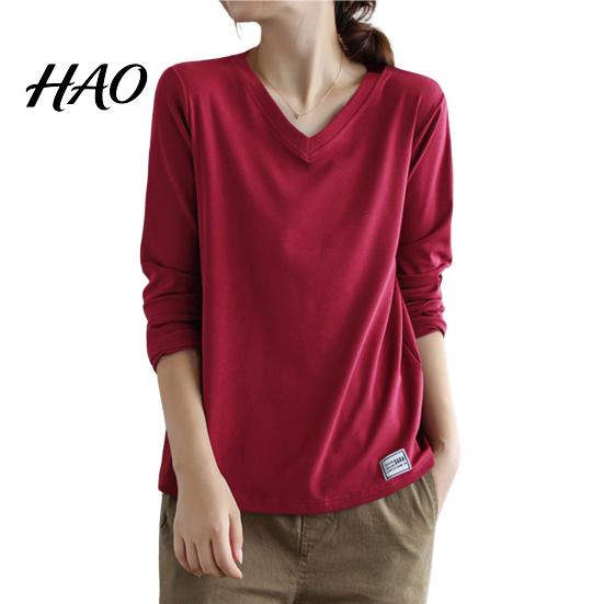 Bottoming Shirt V Neck Long Sleeves Women Top Autumn Pullover Winter Solid Color T-shirt Streetwear Sleeve