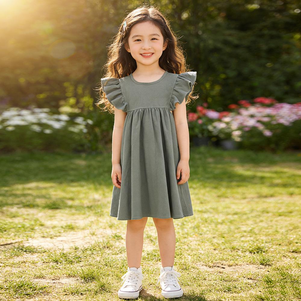 Sommer-Baumwoll-Leinenkleid für Mädchen 2026 mit Spitzenkragen & Fledermausärmeln