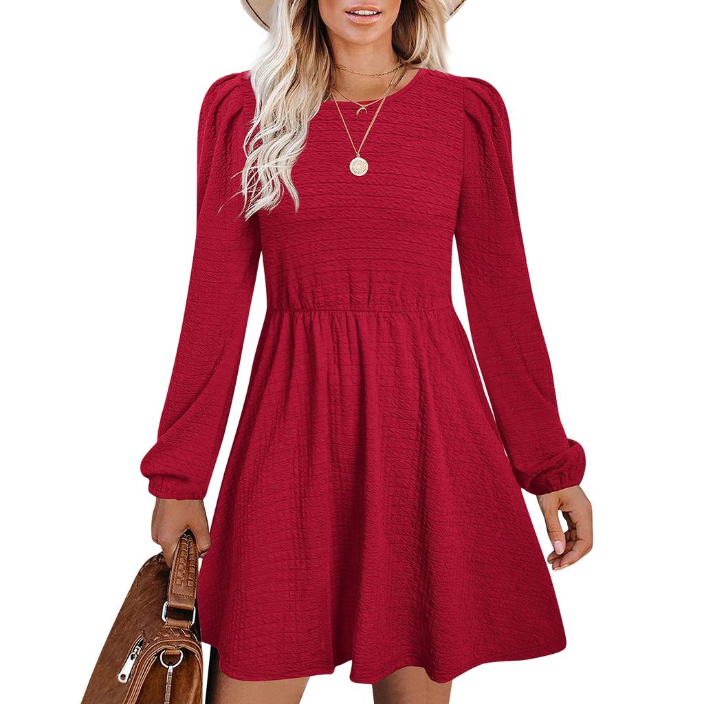 Womens Puff Long Sleeve High Waist  Casual Knit Crewneck Knee Length Dresses