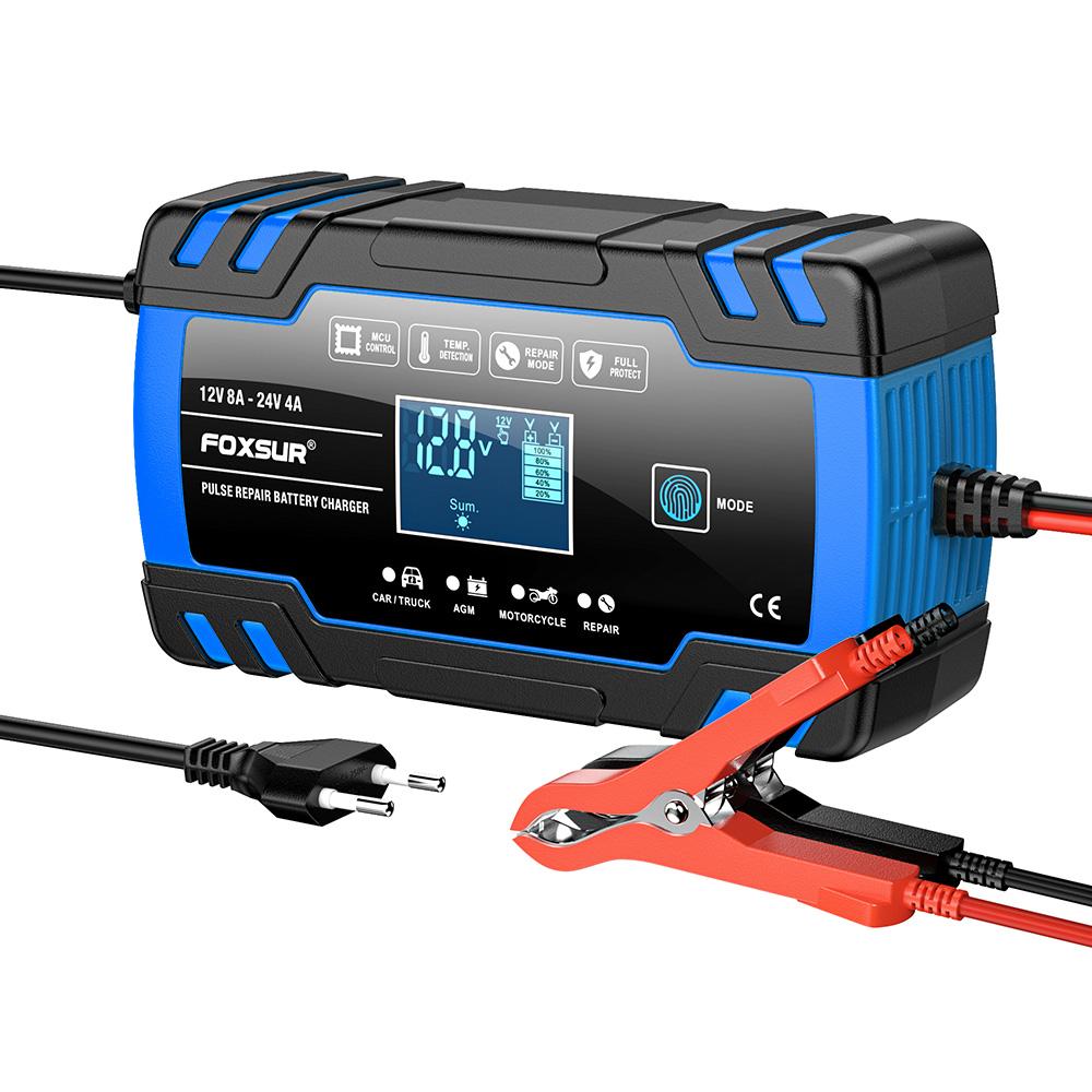 12V/8A 24V/4A Full Automatic Car Battery Charger Pulse Repair FOXSUR Car Motor Truck AGM Lead-acid LCD Display Automatic Battery Charging FBC122408D