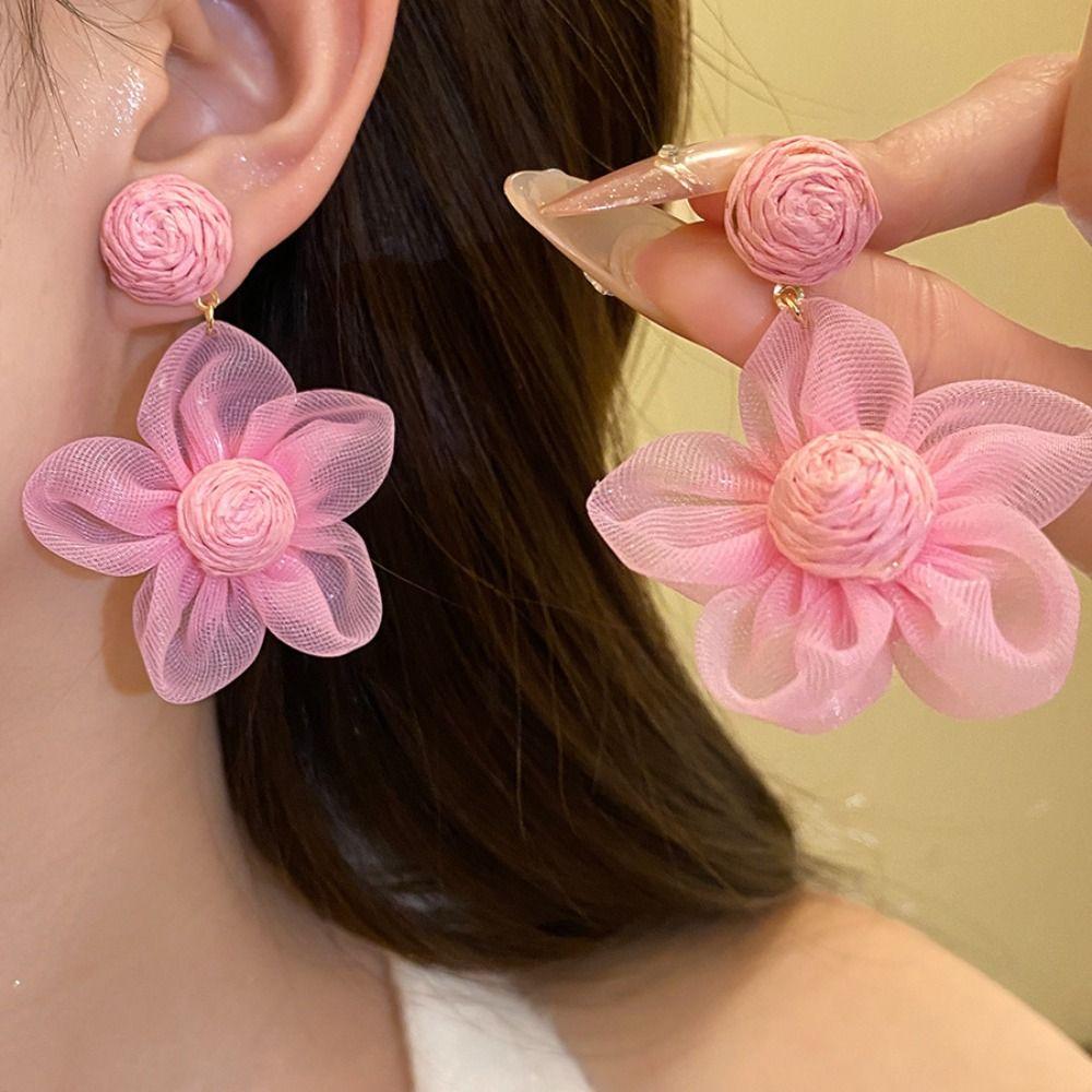 Exaggerated Shape Dangle Earrings Raffia Wood Drop Earrings Elegant Flower Ear Drop  Lady