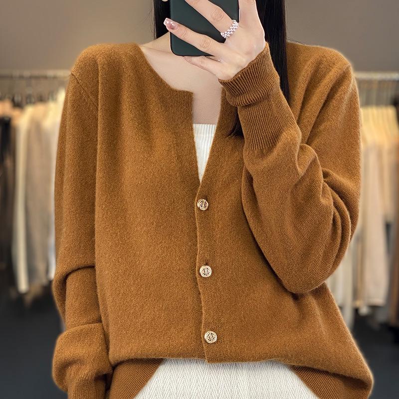 2023 Women's Pure Wool V-Neck Cashmere Cardigan - Solid Color Knit, Loose Fit