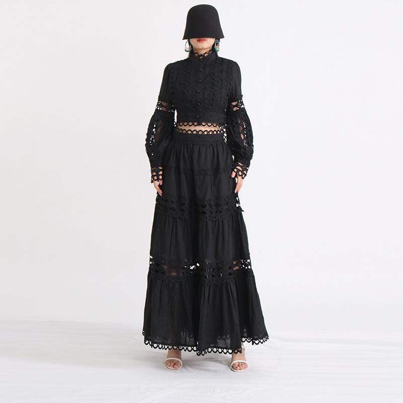 2025 Autumn French Retro Lace Collar Two-Piece Set: Hollowed-Out Top & High Waist Midi Skirt for Women