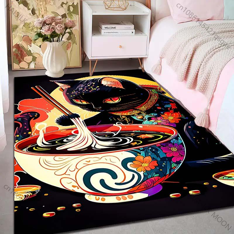 1PC Black Cat Eating Noodles Pattern Rug Carpets for Bedroom Living Room Sofa Mat Creative Door Mat Cloakroom Home Decor