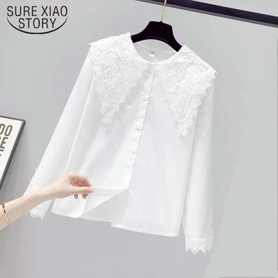 Frühling Aushöhlen Große Revers Bluse Frauen Langarm Koreanische Spitze Nähte Lose Hemd Süße Spitze-up Stickerei Baumwolle top 19498