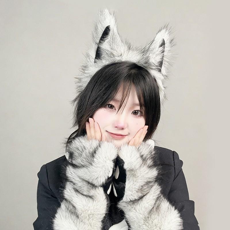 Halloween Werwolf Cosplay Set: Plüsch Wolfsohren Stirnband Schwanz Handschuhe Beinstulpen - 6-teiliges Kostümzubehör-Set