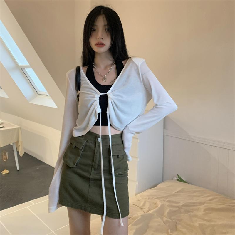 Short Loose Strap Sunscreen Shirt Thin Blouse for Women Summer New Neck Halter Jacket Top for Women