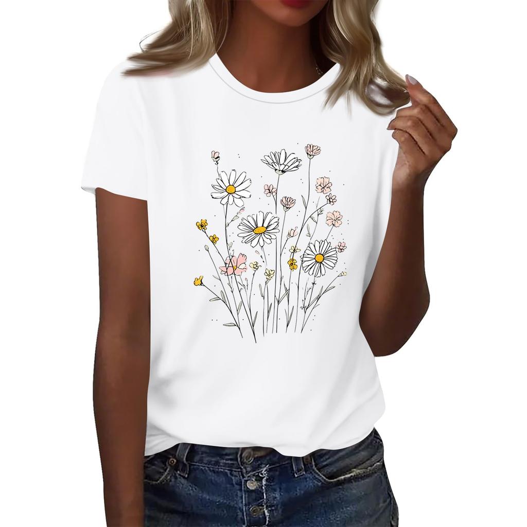 Women's Fashion Casual Printed Round Neck Short Sleeved T-Shirt Top T-Shirt Top Top