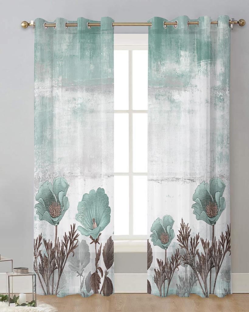Rustikale Vintage Florale Pflanze Abstrakt Transparente Vorhänge zur Wohnzimmerdekoration Fenstervorhänge Küche Tüll Voile Vorhänge