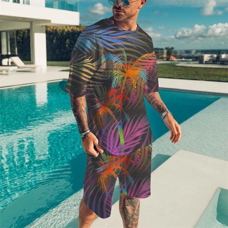 Summer Tribal Printed Men's T-shirt Set Round Neck T-shirts 2 Piece