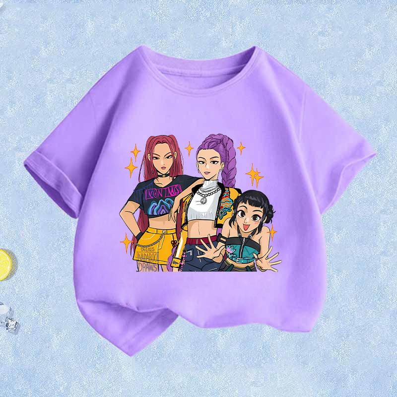 Movie K-Pop Demon Hunters T-shirt Summer Cotton Purple Toddler Short Sleeve Girl Clothes Fashion Cartoon Kids Birthday Tops Gift