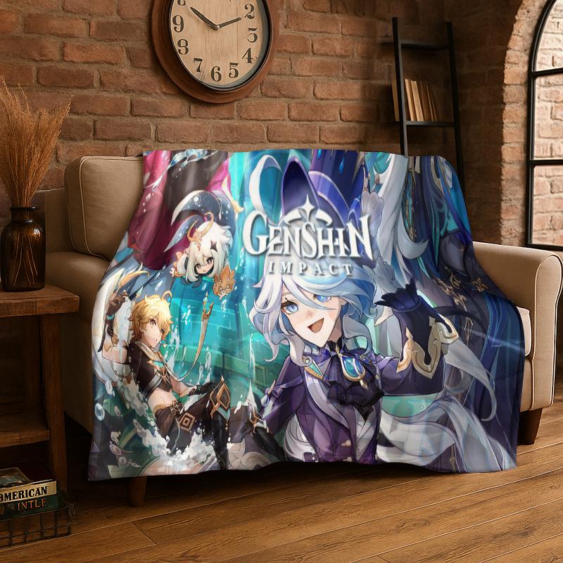 New Genshin Impact Cartoon Game Flannel Blanket Soft Warm Throw Blanket for Bedroom Living Room Bed Travel Camping Picnic Gift