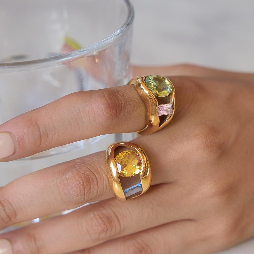 Uworld Chunky Multicolor Big Zircon Hollow Open Rings For Women 18K Gold PVD Plated Stainless Steel Rings Fashion Jewelry Gift