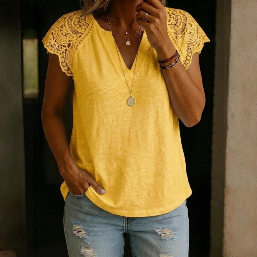 Women's Loose-Fit, Stylish, And Casual Short-Sleeve Top With Lace-Paneled V-Neck