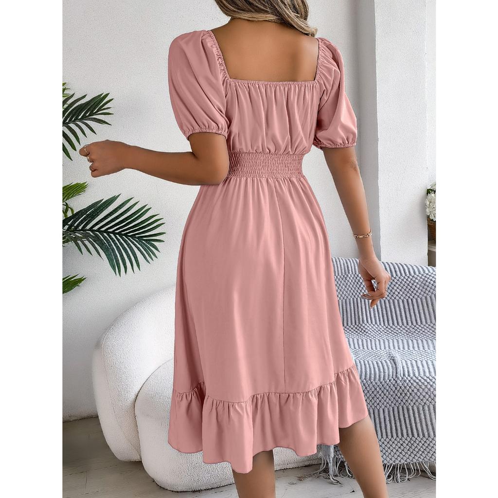 GMXIA Spring and Summer Casual Square-neck Short-sleeved, Waist-cinched, Ruffled A-line Skirt Women's Clothing