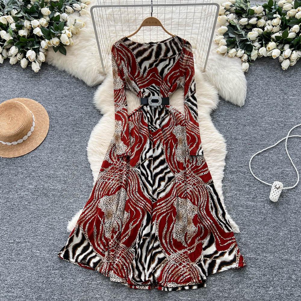 Chic sexy print mesh Ruched dress long sleeve Fairy Casual A-line autumn winter  Vestidos Women Party dress