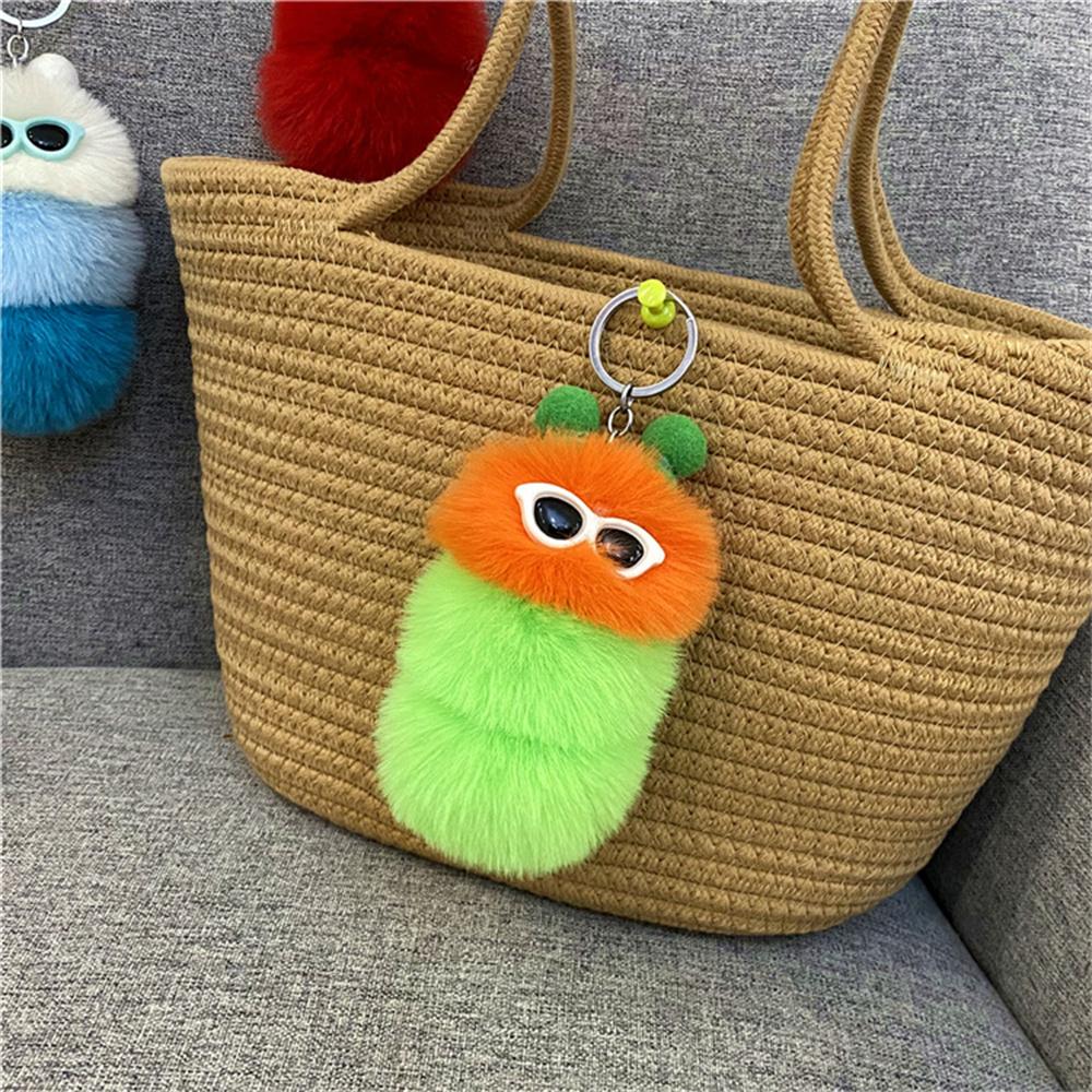 Niedliche bunte Plüschraupen Schlüsselanhänger mit Sonnenbrille Weicher Kaninchenfell Tier Pompon Anhänger Mit Schlüsselringen Für Damen Handtasche