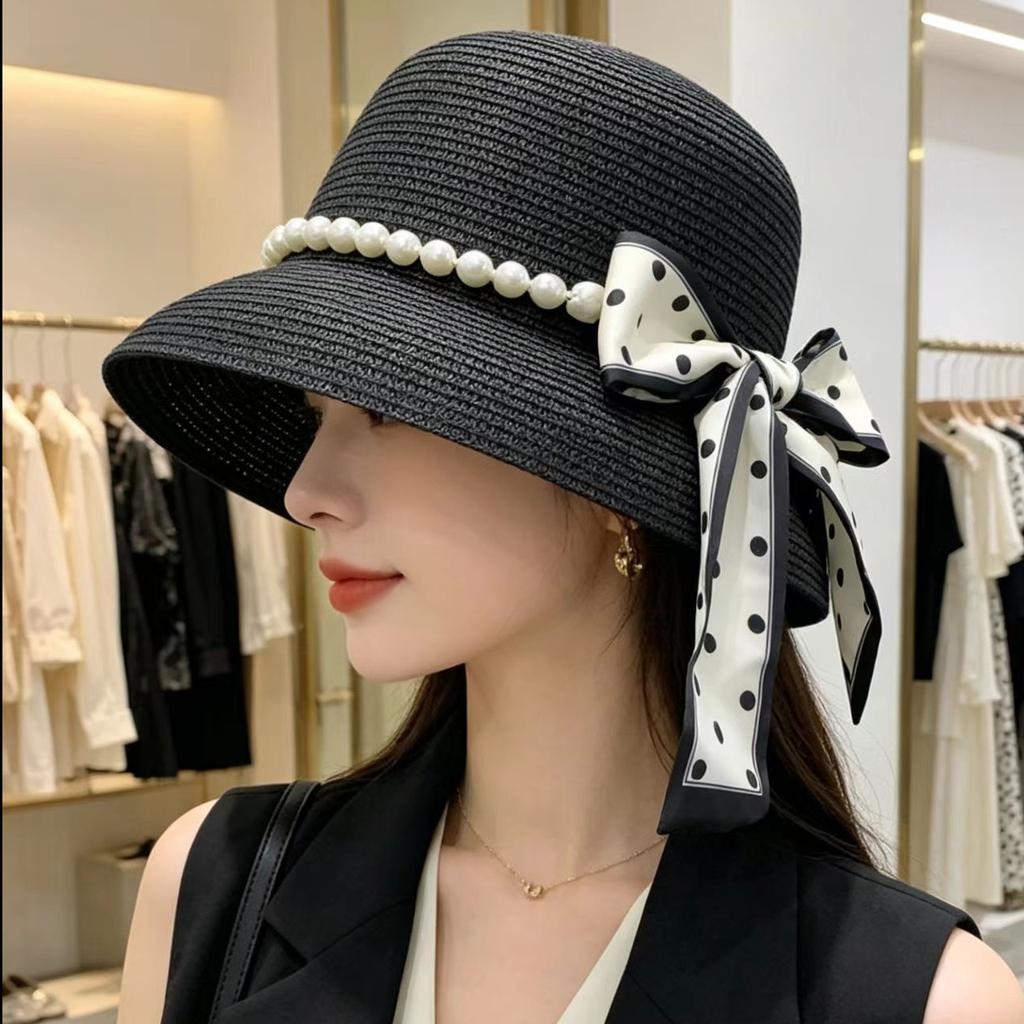 French Polka Dot Pearl Straw Hat Women's Summer Sun Protection Hat Seaside Vacation Beach Hat Straw Sun Hat Self-operated